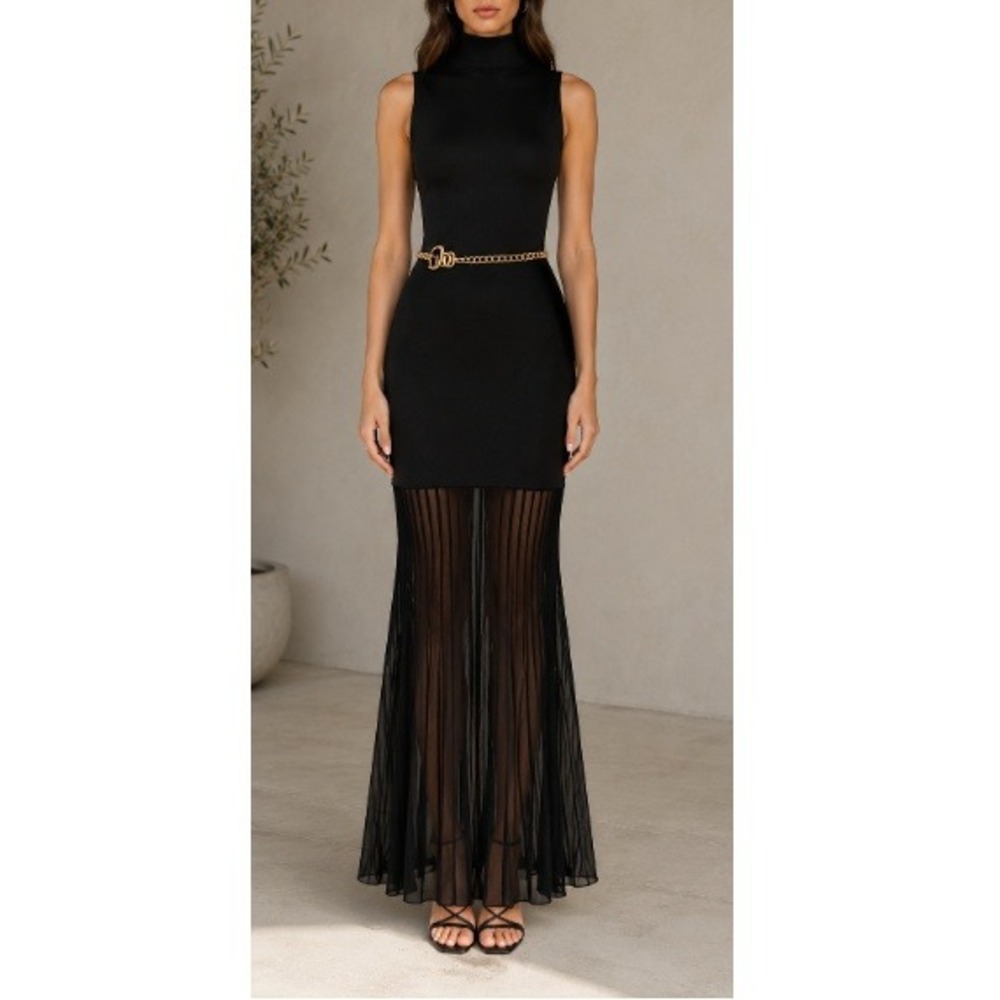 Commense Women's Black Sleeveless Sheer Panel Maxi Dress Without Belt Size S NWT